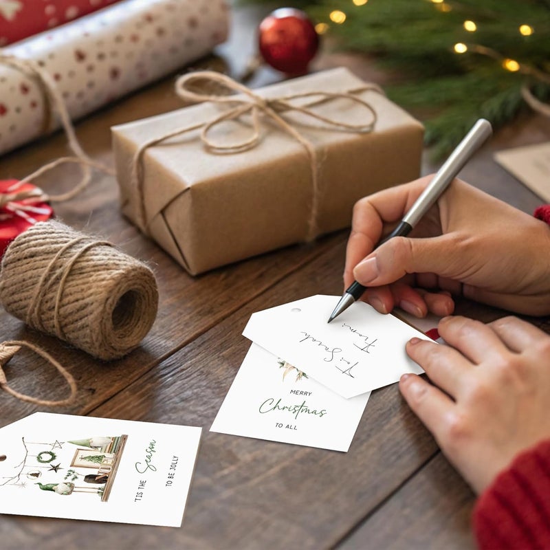 AUDREE 50 Pcs Boho Green Christmas Gift Tags with String – Rustic Minimalist Holiday Tags for Xmas Presents – Elegant Green & Wood Tone Gift Labels for Wrapping, Cards & DIY Crafts - Image 3